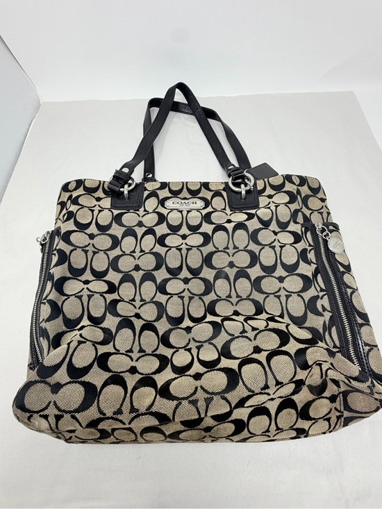 Coach Handbags - Coach Signature Logo Tote Bag Beige Black Zip Closure Bag Charm Pockets